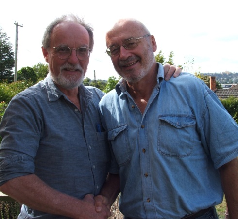 Grant Morgan (right), retiring chair of Kia Ora Gaza, congratulates his successor, Roger Fowler